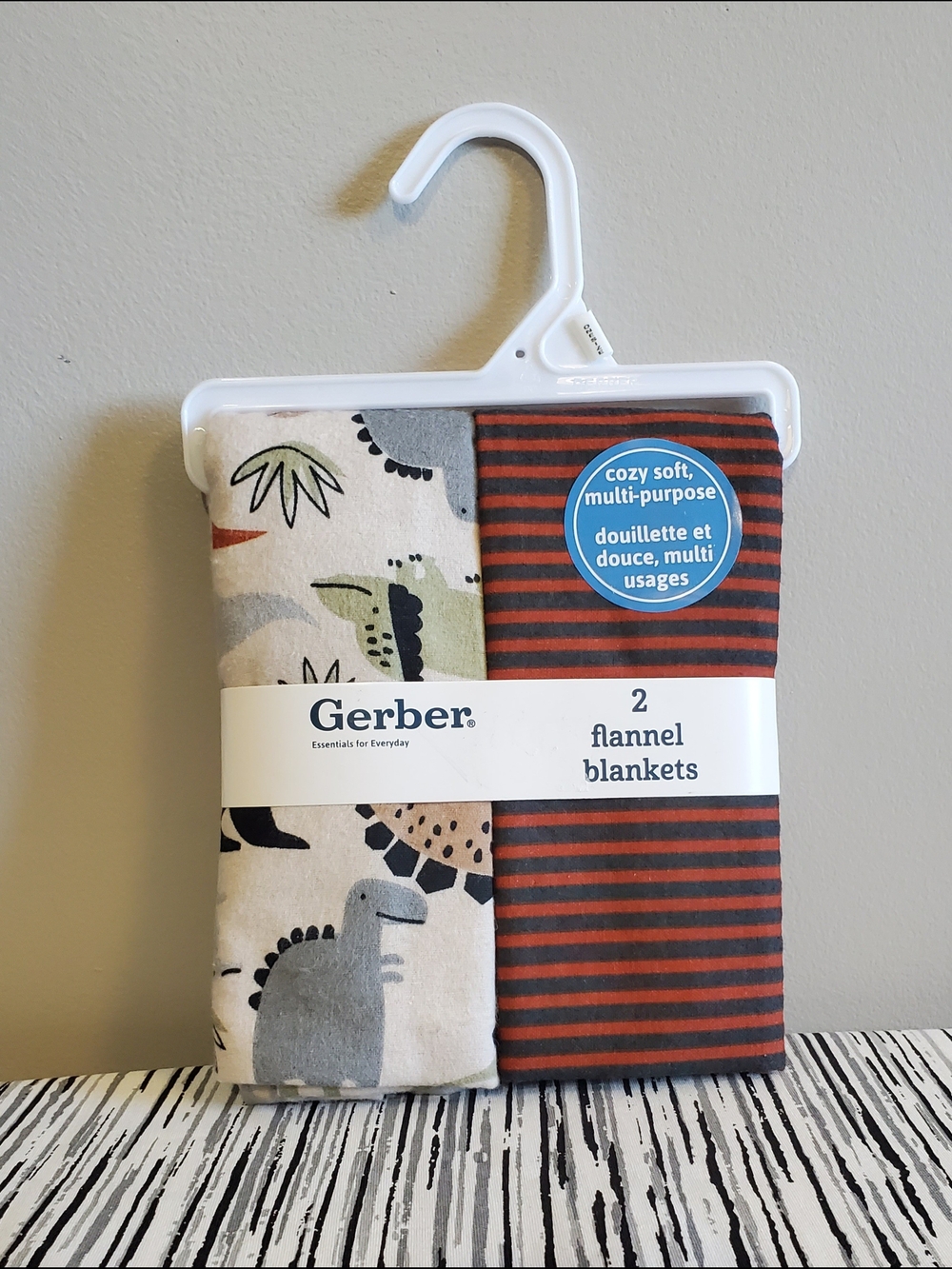 Gerber 2-Pack Flannel Blankets Dinosaur and Stripes Multipurpose